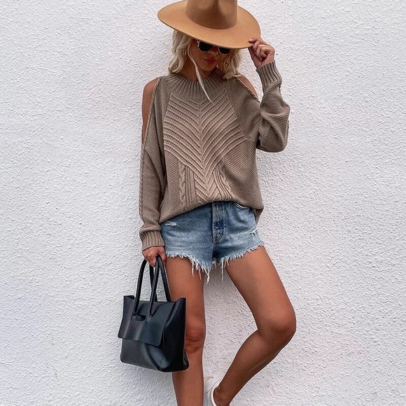 Dune Taupe Cable Knit Open Shoulder Boho Sweater Top In The Relaxed Fit - Picture 3 of 6